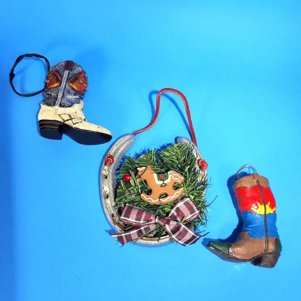 Christmas Country Western Ornaments Lot X 3 Boots Horseshoe Hanging